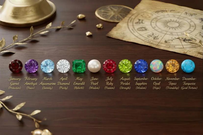 Tableau des couleurs des pierres de naissance par mois montrant les 12 pierres de naissance