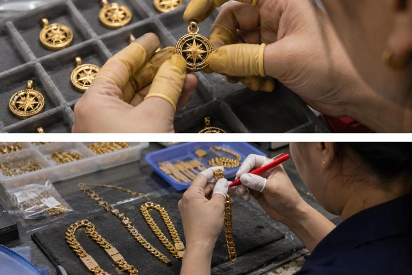 Quality control inspection of PVD coated stainless steel jewelry in a jewelry factory