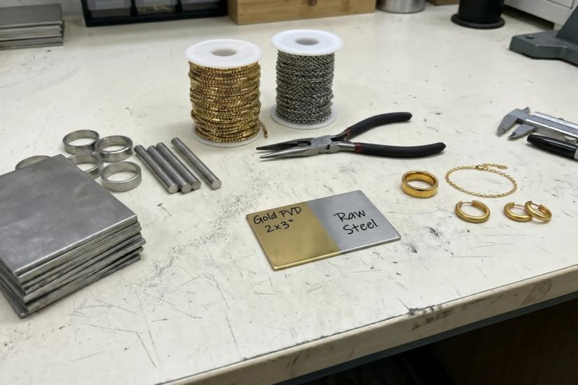316L stainless steel raw material and PVD gold jewelry samples on a factory workbench