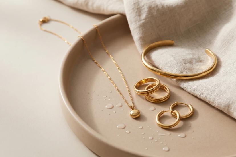 Gold-tone PVD stainless steel jewelry collection with necklace rings bracelet and earrings on a neutral tray