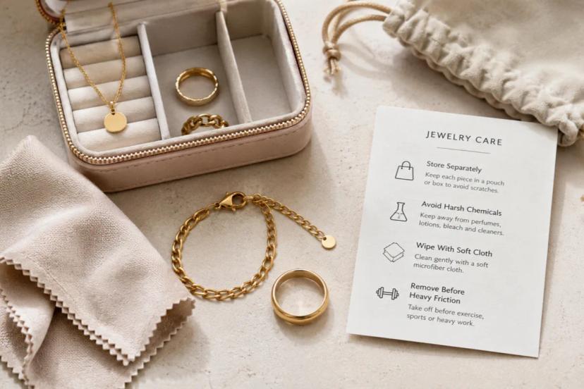 PVD jewelry care card with microfiber cloth and separate storage pouches