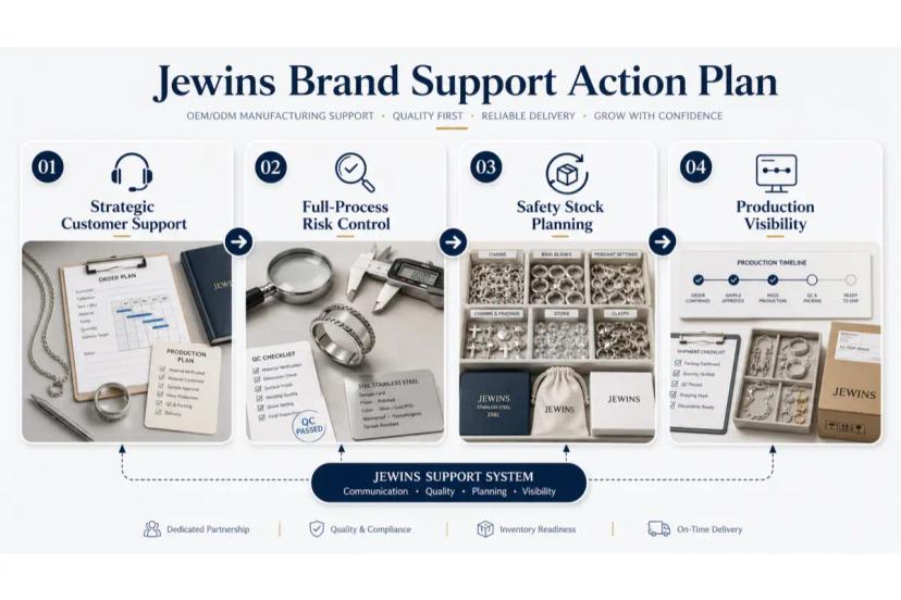 Jewins brand support action plan for growing jewelry brands including customer support risk control safety stock and production visibility