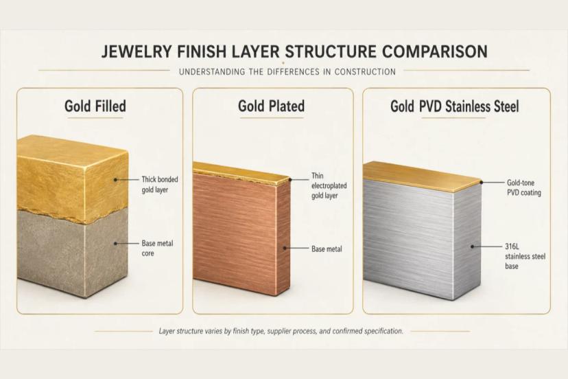 Gold filled, gold plated, and Gold PVD jewelry layer structure comparison