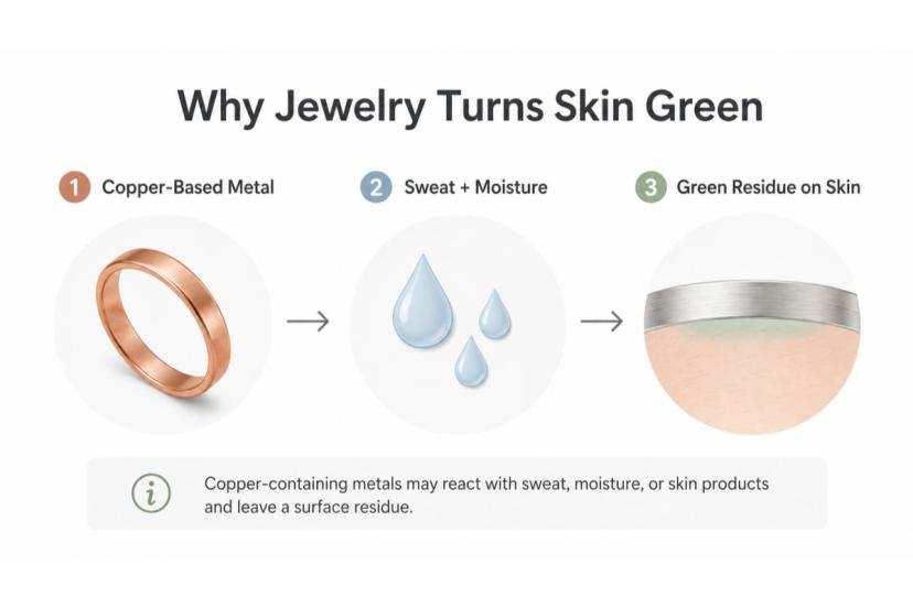 Three-step diagram showing how copper or brass jewelry can react with sweat and moisture to leave green residue on skin