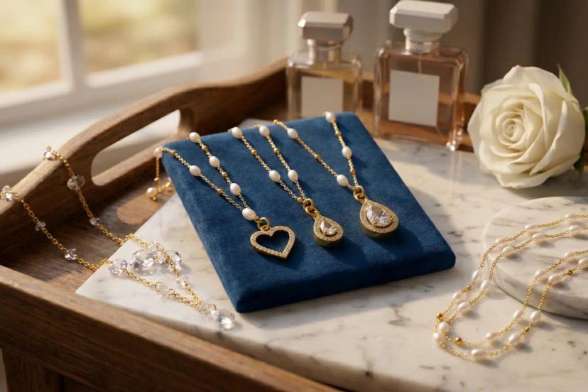 Gold-tone pendant necklaces with pearl chain details displayed on a blue jewelry stand