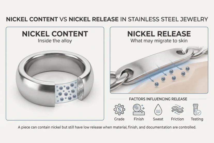 Nickel content versus nickel release diagram for stainless steel jewelry