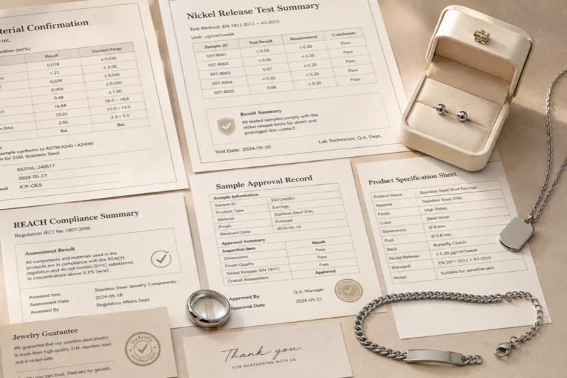 Stainless steel jewelry samples with 316L material confirmation nickel release test and REACH compliance documents