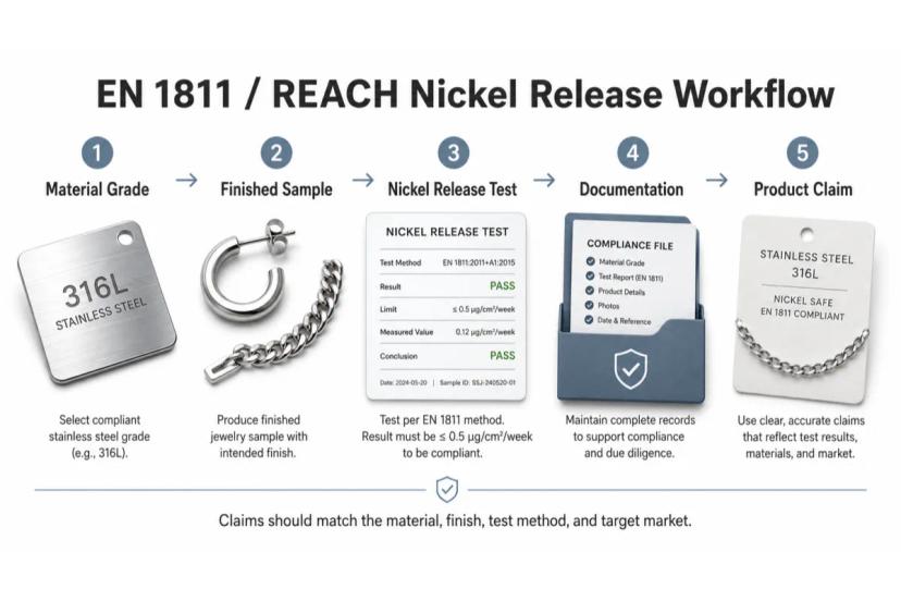 EN 1811 and REACH nickel release testing workflow for stainless steel jewelry brands