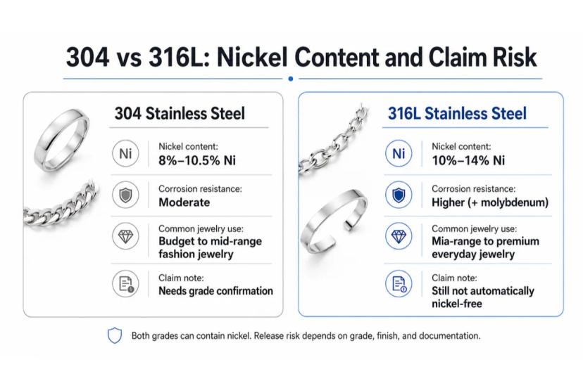 304 vs 316L stainless steel jewelry nickel content and nickel claim risk comparison