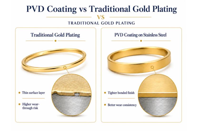 Side-by-side comparison of traditional gold plating and PVD coating on stainless steel jewelry