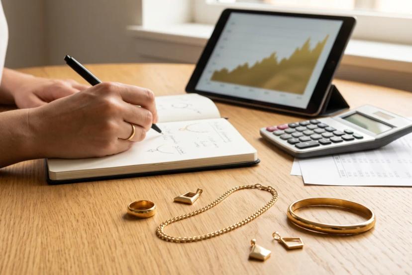 PVD coating jewelry samples on a sourcing desk with cost review notes showing rising gold price pressure