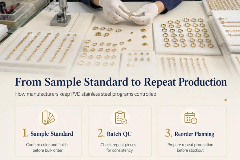 PVD stainless steel jewelry production control process from sample standard to batch QC and reorder planning