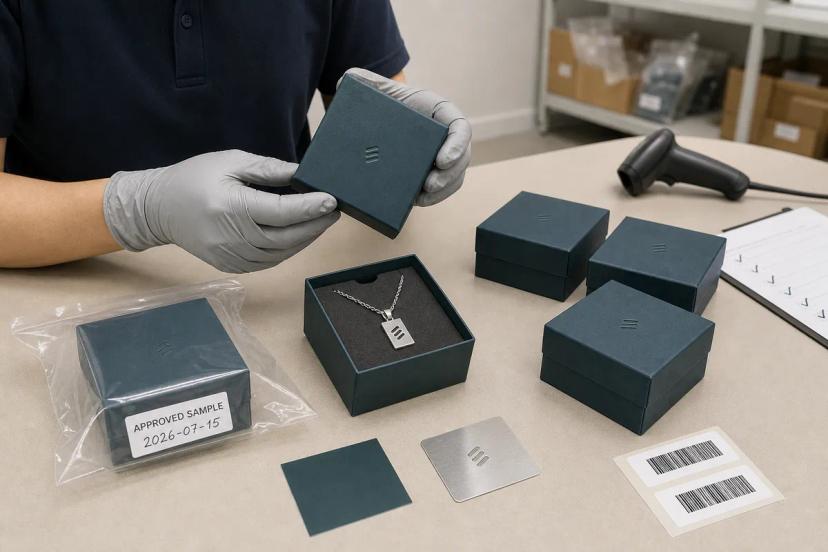 Approved jewelry packaging sample undergoing checks for dimensions, insert fit, logo and barcode