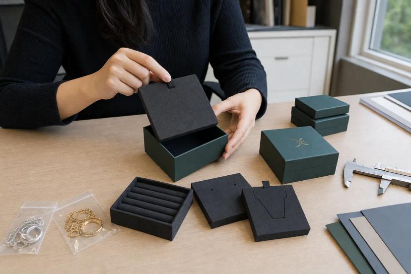 Small jewelry brand reviewing packaging boxes, inserts and material samples before production