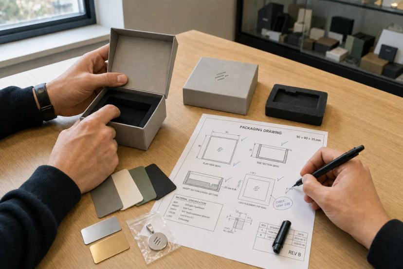 Jewelry packaging specification review with box dimensions, insert options, logo and SKU requirements