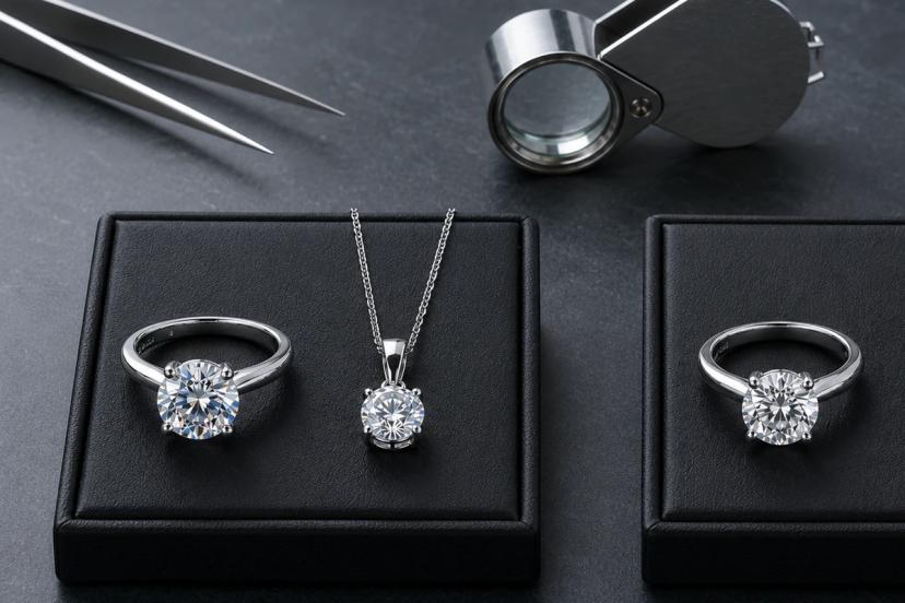 Moissanite and cubic zirconia jewelry samples compared on black trays with jewelry inspection tools
