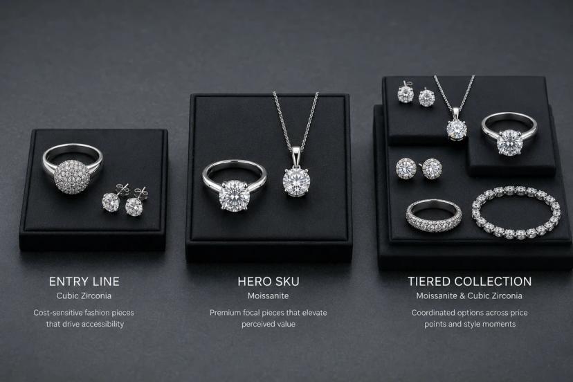 Entry-level, hero and tiered jewelry product lines using cubic zirconia and moissanite