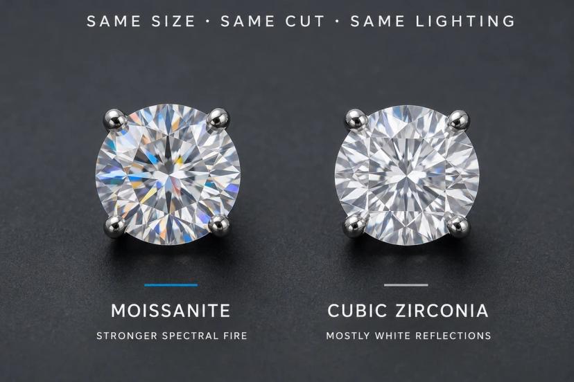 Cubic zirconia vs moissanite sparkle comparison under the same size, cut and lighting conditions