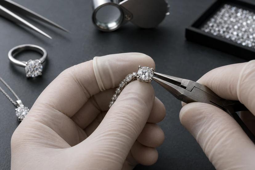 Jewelry technician adjusting a gemstone prong during a setting quality check