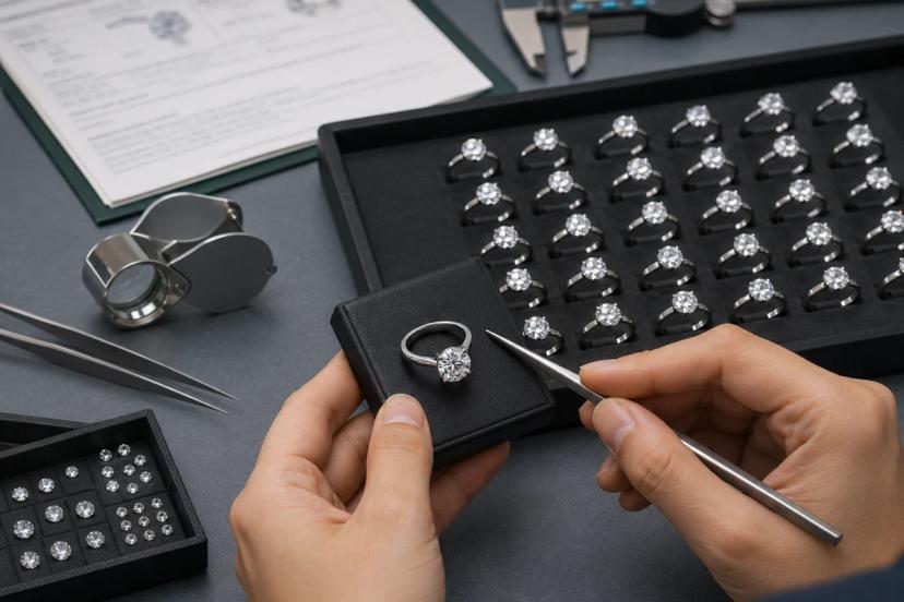 Approved jewelry sample compared with bulk production during stone and setting quality control