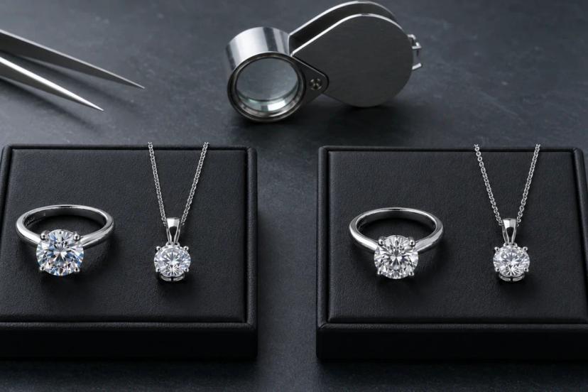 Moissanite and cubic zirconia jewelry samples compared on black trays with jewelry inspection tools