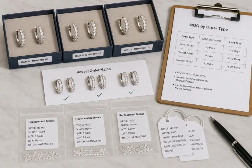 Moissanite pendant and earring batches checked for repeat-order consistency with replacement stones.