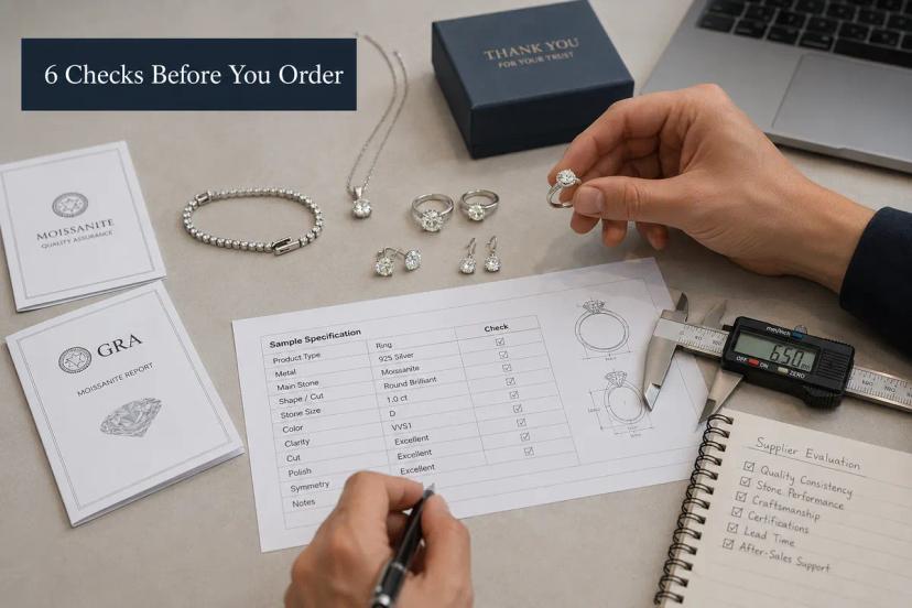 Wholesale moissanite jewelry supplier sample approval with specification sheet before bulk production