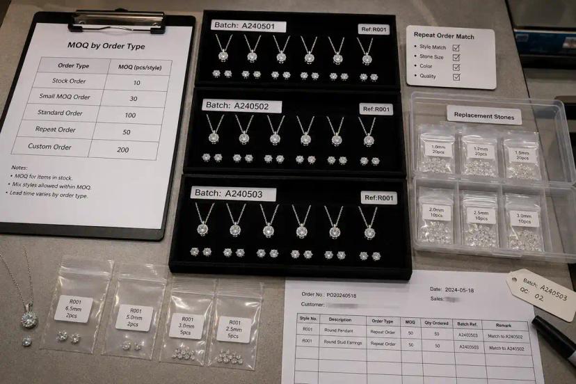 Moissanite earring batches compared with MOQ categories and replacement stones for repeat orders.