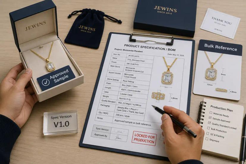 Approved moissanite pendant sample, BOM version and bulk reference reviewed before production.