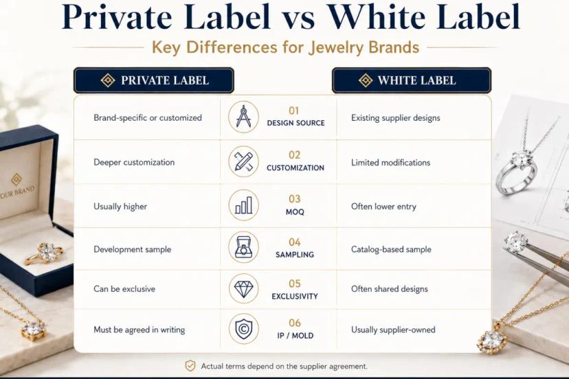 Private label vs white label jewelry comparison covering design source, customization, MOQ, sampling, exclusivity, and IP ownership