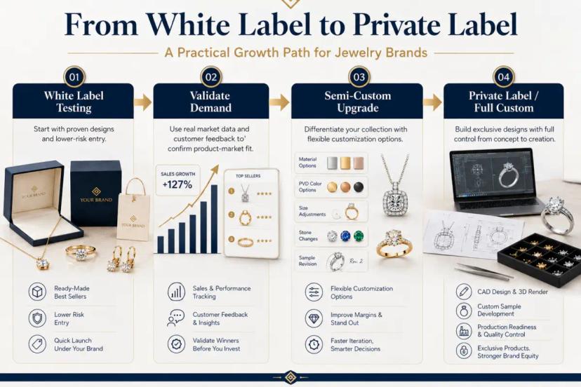 Jewelry brand growth path from white label testing to private label and full custom development