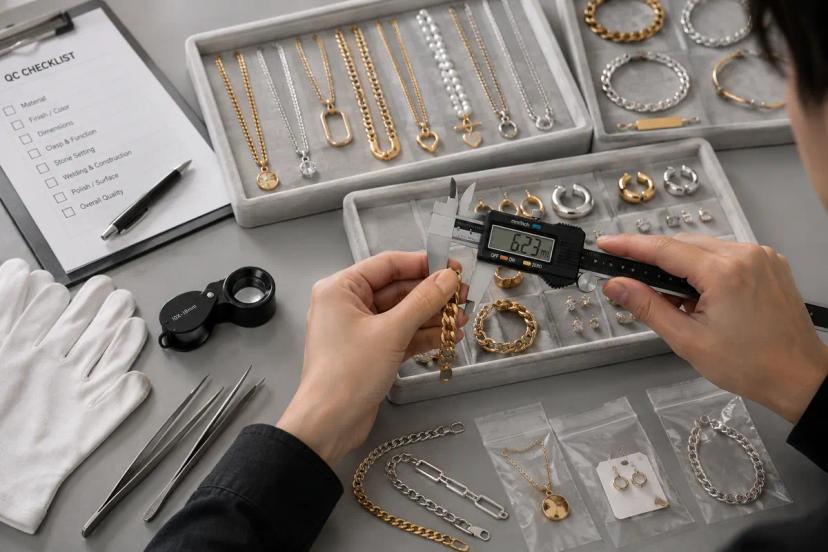 Fashion jewelry supplier quality inspection using a digital caliper on finished jewelry samples