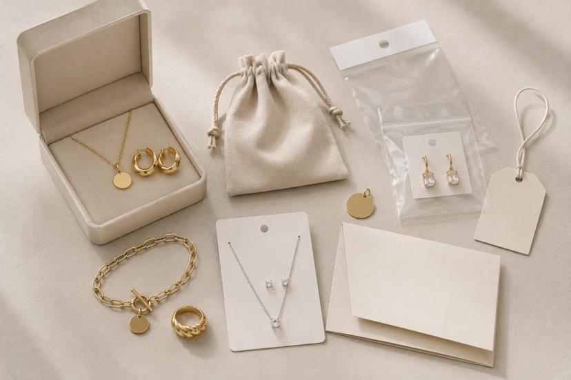 Private label fashion jewelry packaging with jewelry box pouch cards tags and product samples