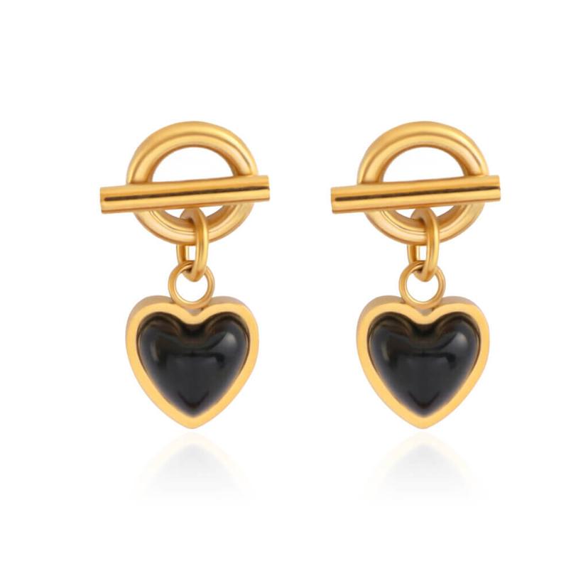 18K Gold Plated Stainless Steel Black Onyx Heart Earrings Drop Design.jpg