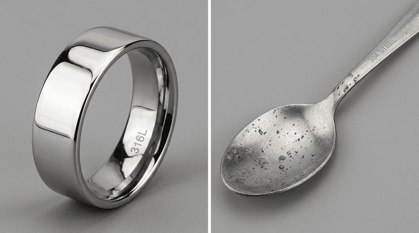 Photo côte à côte montrant une bague en acier inoxydable 316L poli à côté d'une cuillère de cuisine en acier 304 terne et légèrement piqué.