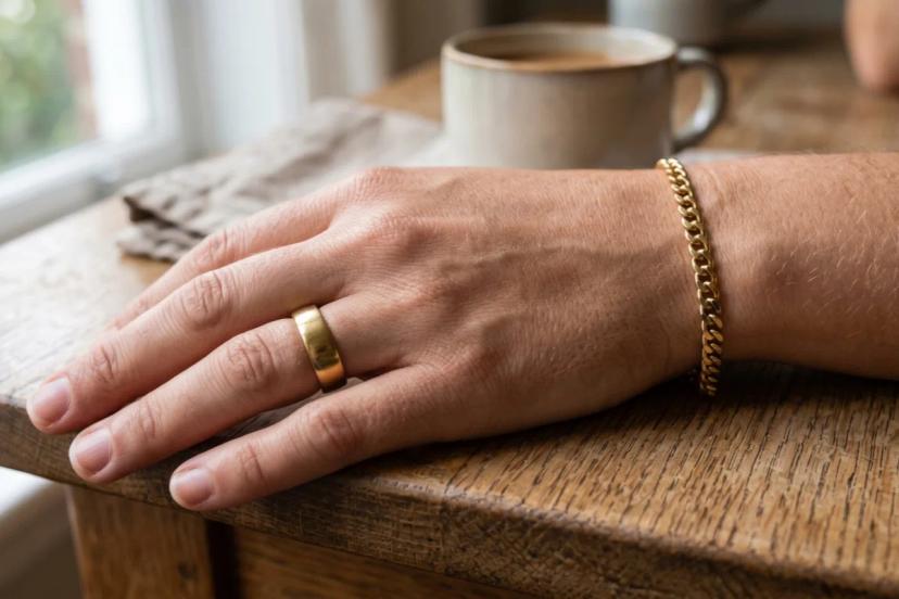 Woman wearing hypoallergenic gold stainless steel jewelry suitable for sensitive skin