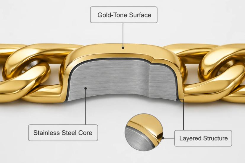 Schéma explicatif des bijoux en acier inoxydable doré avec une finition de surface dorée