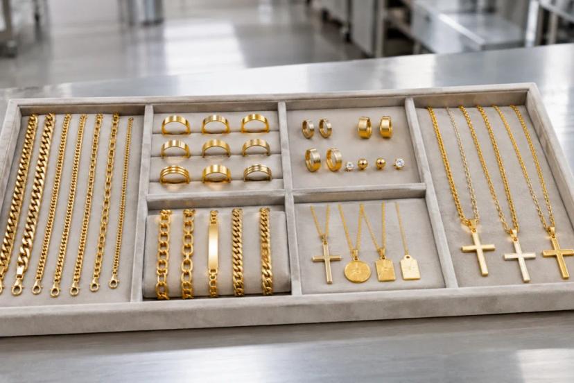 Chaînes, bagues, boucles d'oreilles, bracelets, colliers et pendentifs croix en acier inoxydable doré