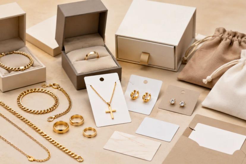 Échantillons de bijoux en acier inoxydable doré de marque privée avec emballage