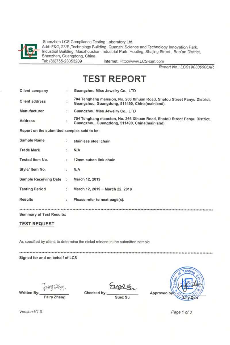 Nickel Release Test Report