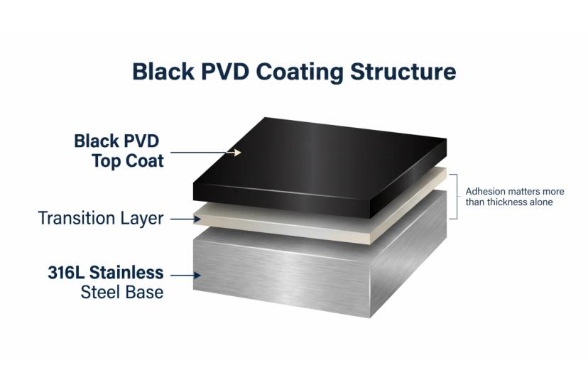 Structure du revêtement PVD noir montrant la couche de transition de la couche supérieure et la base en acier inoxydable 316L