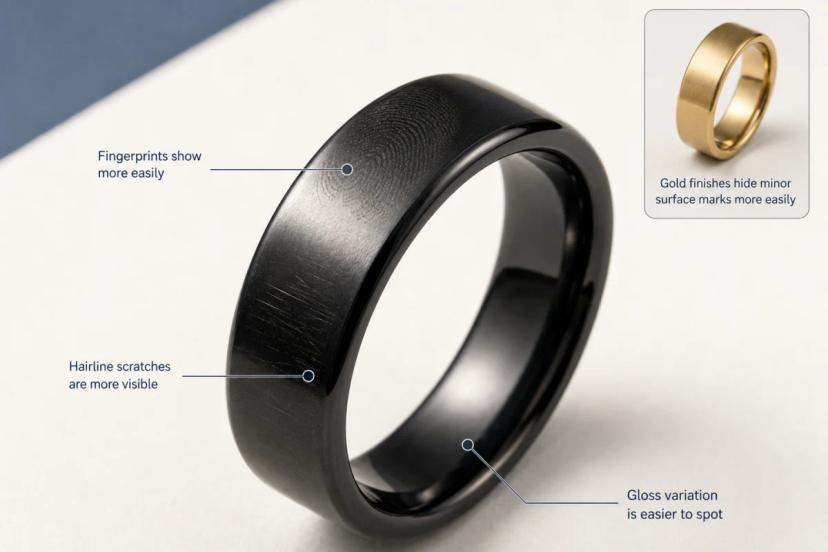 Analyse d'une bague en acier inoxydable PVD noir révélant des traces de doigts, des micro-rayures et des variations de brillance.