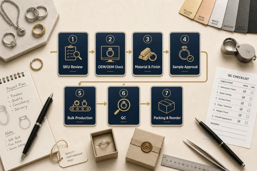 Jewins OEM and ODM jewelry production process from SKU review to sample approval and bulk reorder control