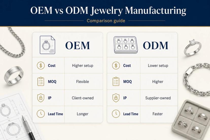 OEM vs ODM jewelry manufacturing comparison chart for cost, MOQ, IP ownership, and lead time