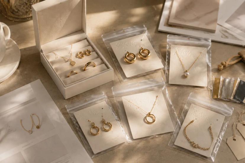 Gold-tone jewelry samples, finish swatches, packaging materials, and repeat-production planning documents