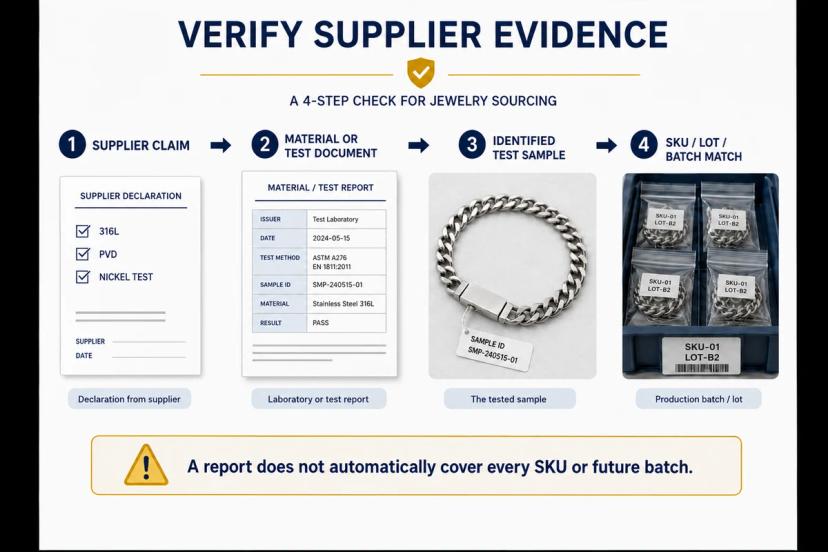Supplier evidence verification flow linking test documents and samples to jewelry SKUs and production batches