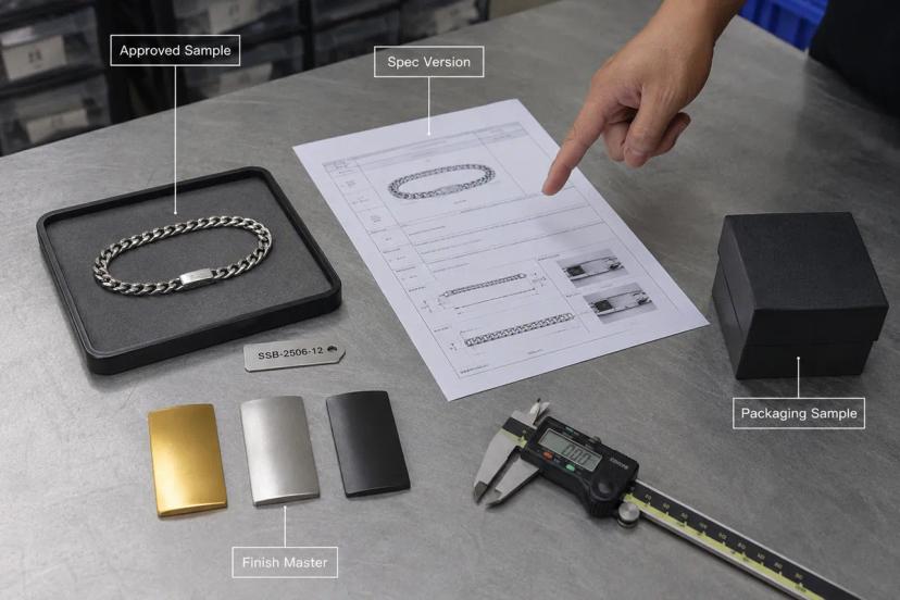 Approved stainless steel jewelry sample reviewed with specification version, finish master, and packaging sample