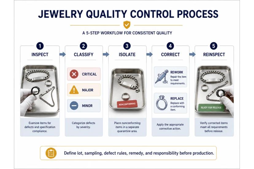Bulk jewelry inspection workflow covering defect classification, isolation, corrective action, and reinspection