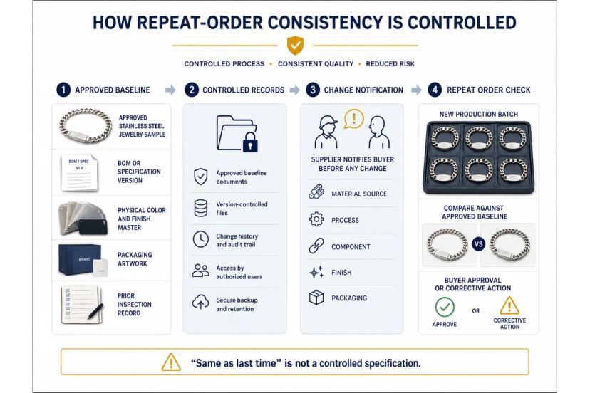 Jewelry reorder consistency process using approved samples, specifications, finish masters, and change notifications