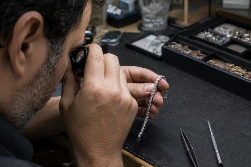 Jewelry inspector examining a stone-set tennis bracelet with a loupe during in-process quality control